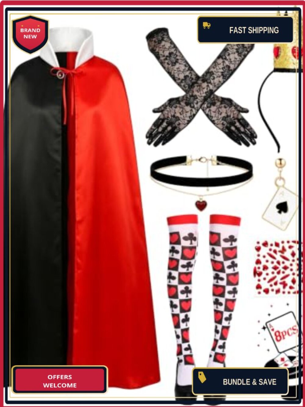 8PC Queen of Hearts Costume Set Cape Crown Wand Stockings for Women